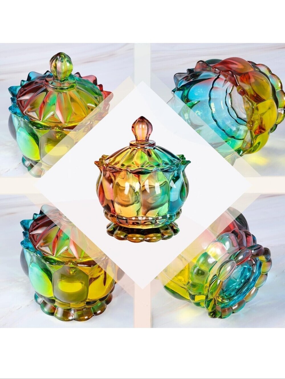 Multicolor Iridescent Glass Candy Dish with Lid - Home Art